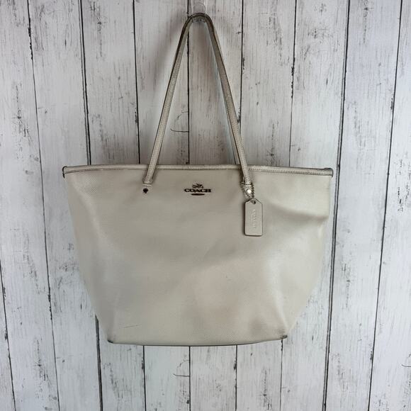 Coach Handbags - Coach Chalk Ivory Crossgrain Leather Street Zip Tote Shoulder Bag Top-Zip Purse